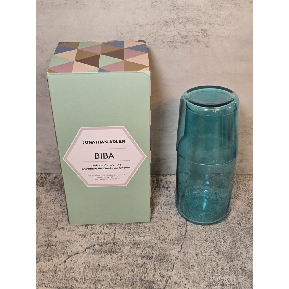 Jonathan Adler Bedside Carafe Set Blue Glass Kitchen Dishware Dish New In Box